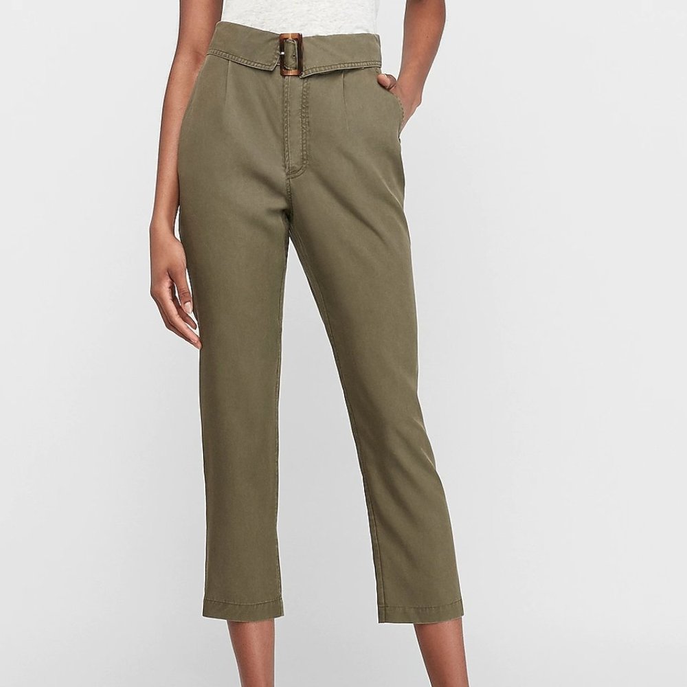 Express Women 6 Olive Green High Waist Belt FoldOver Pant Buckle Utility Pocket